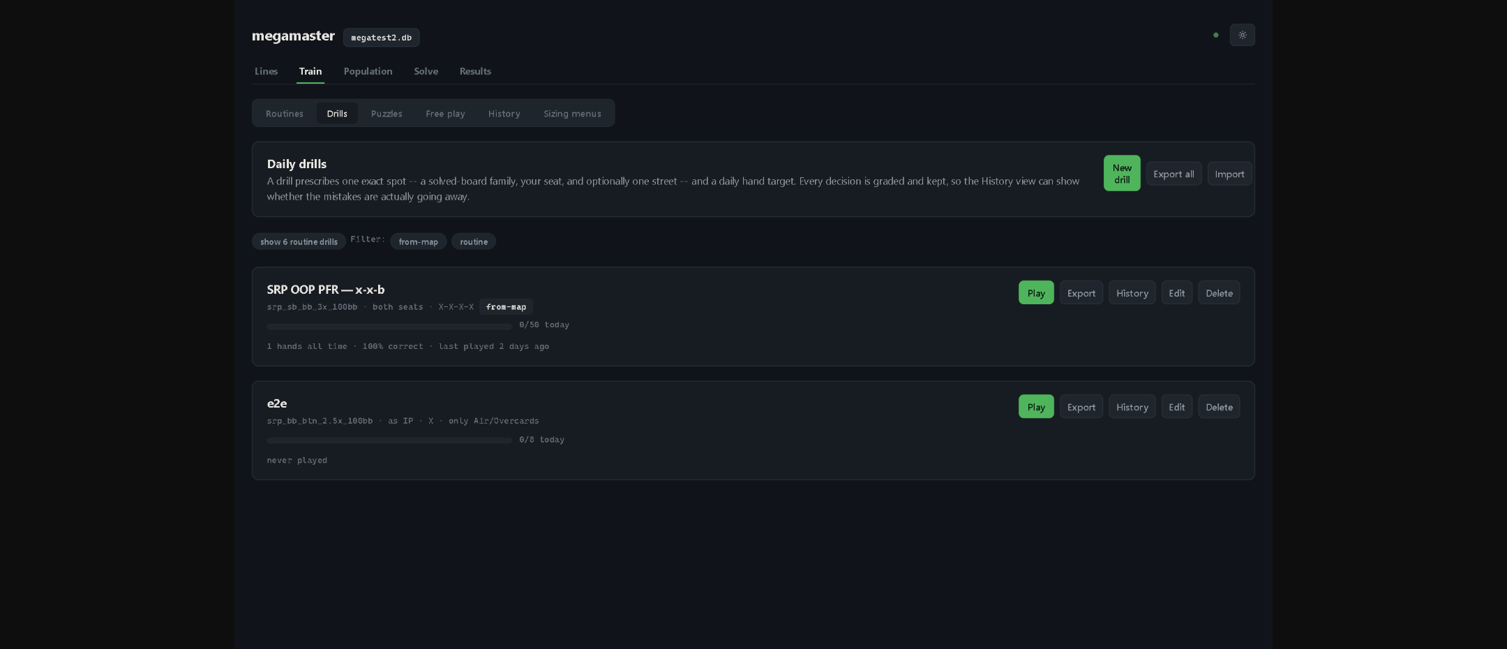 The Train tab: drills proposed from leaks, with daily targets and history